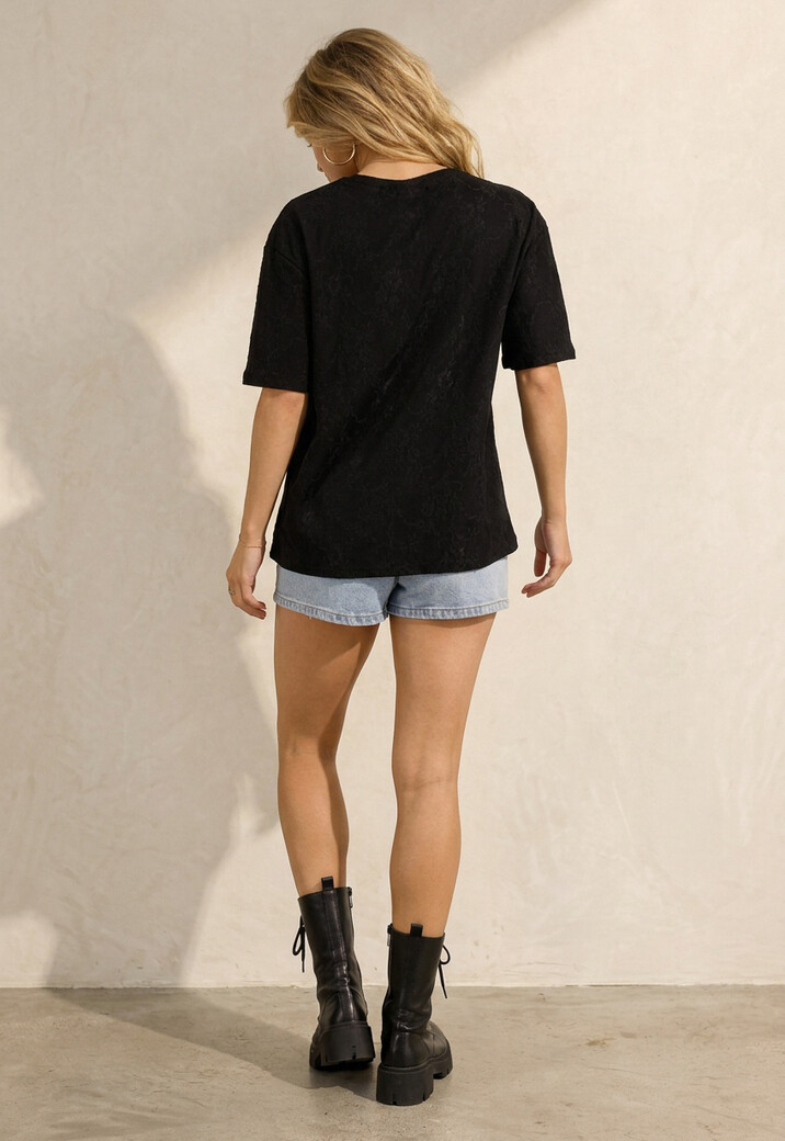 Zwart Kanten T-shirt met Korte Mouwen en Ronde Hals