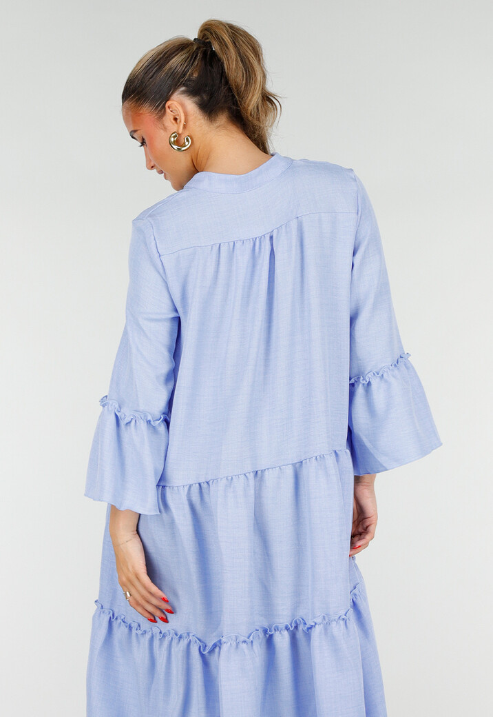 Lichtblauwe Midi Jurk met V-hals en Ruffle Details