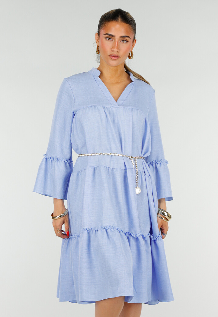 Lichtblauwe Midi Jurk met V-hals en Ruffle Details