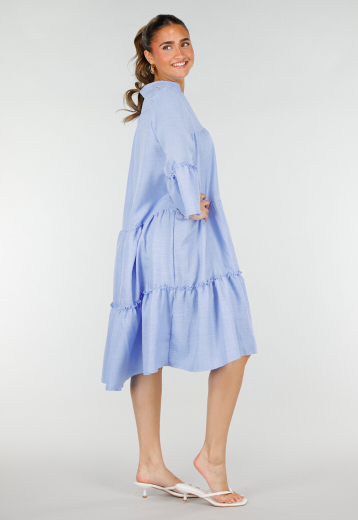 Lichtblauwe Midi Jurk met V-hals en Ruffle Details