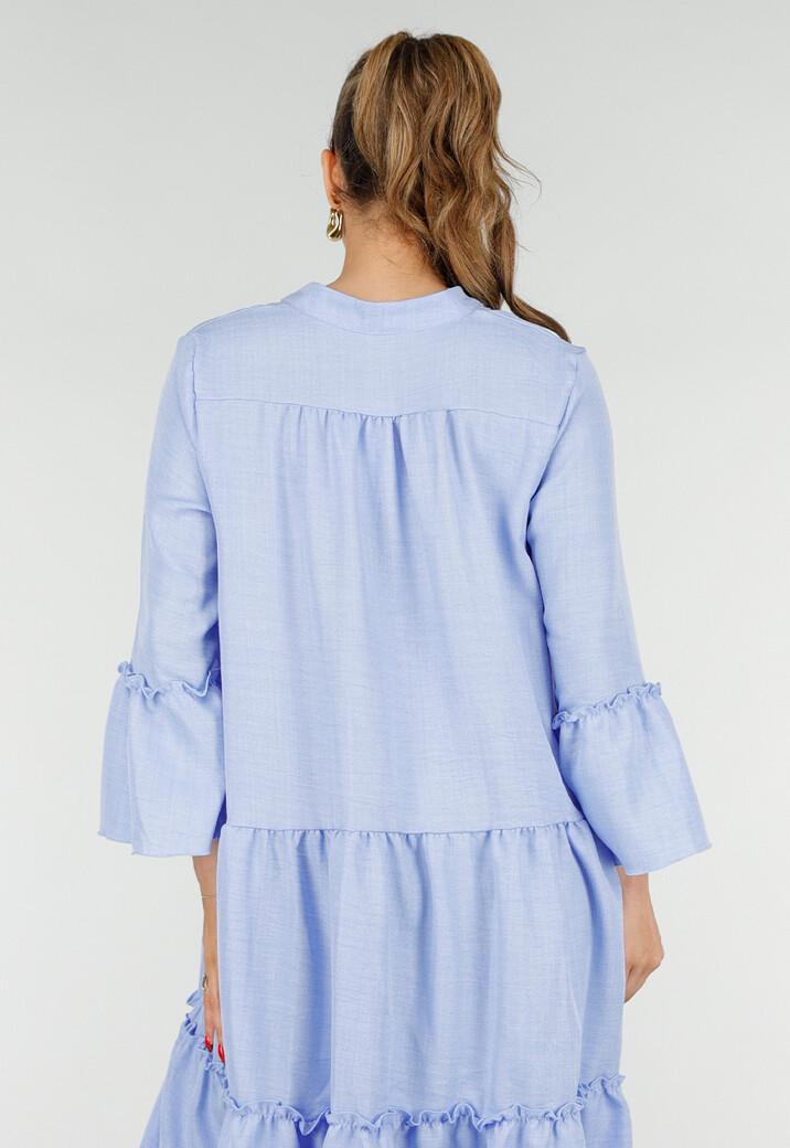 Lichtblauwe Midi Jurk met V-hals en Ruffle Details