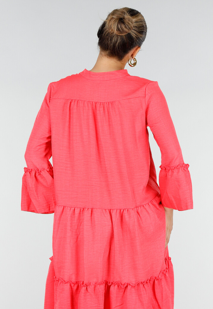 Roze Midi Jurk met V-hals en Ruffle Details