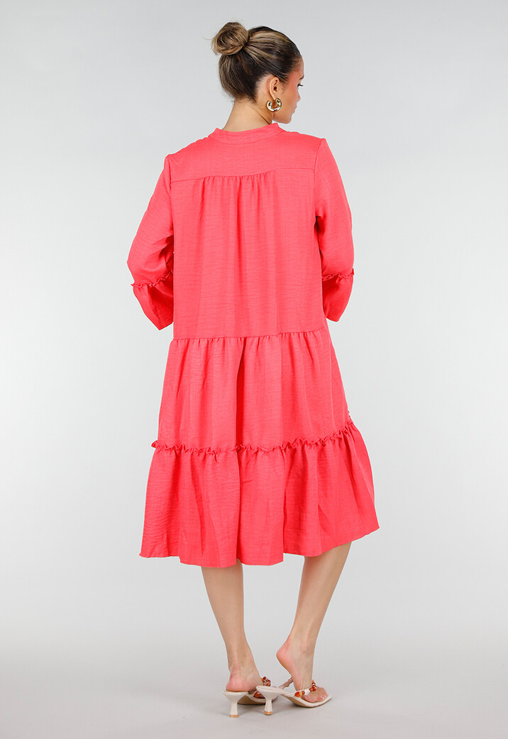 Roze Midi Jurk met V-hals en Ruffle Details