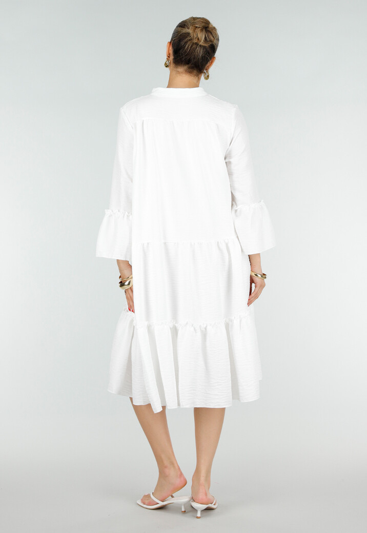 Witte Midi Jurk met V-hals en Ruffle Details