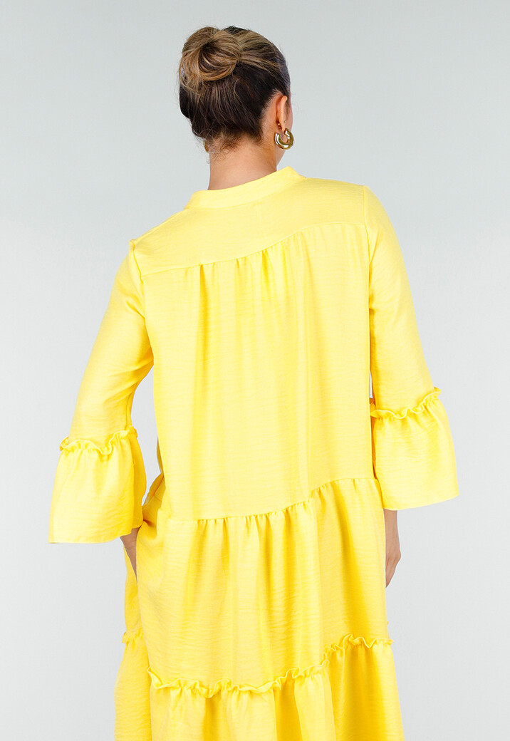 Gele Midi Jurk met V-hals en Ruffle Details