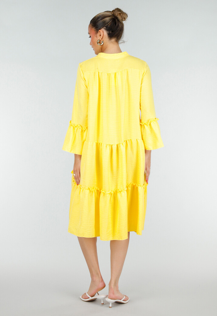 Gele Midi Jurk met V-hals en Ruffle Details