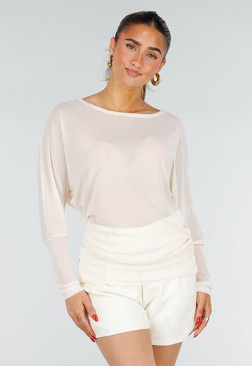 Crème Mesh Top met Lange Mouwen