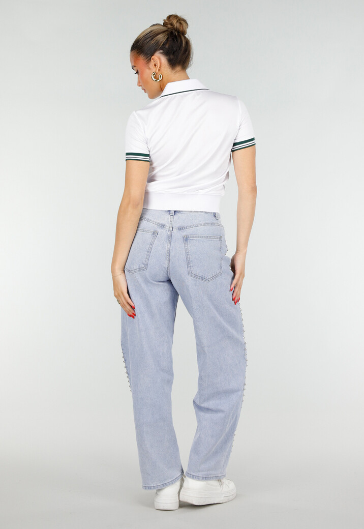 Witte Cropped Polo met Groene Contrasterende Strepen