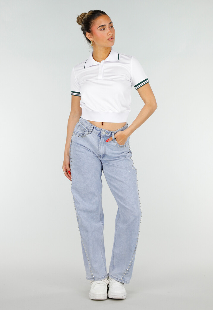 Witte Cropped Polo met Groene Contrasterende Strepen