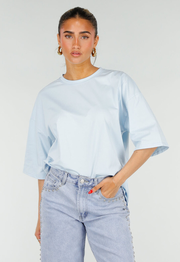 Lichtblauw Oversized T-Shirt met Korte Mouwen en Backprint