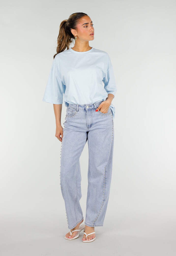 Lichtblauw Oversized T-Shirt met Korte Mouwen en Backprint