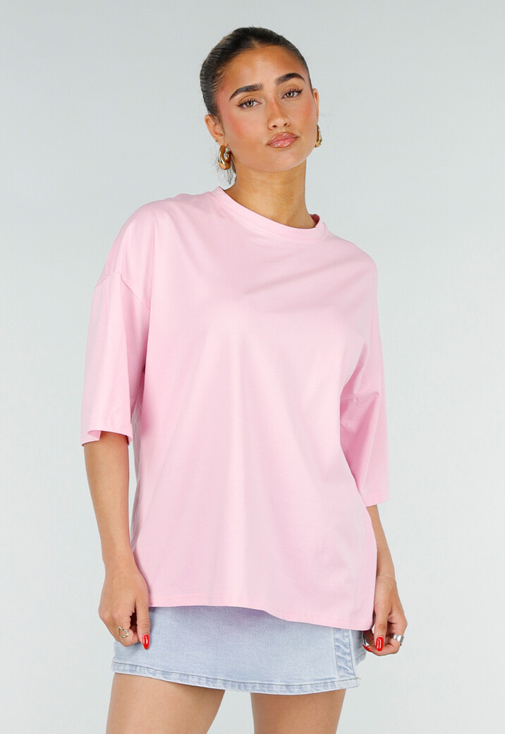 Roze Oversized T-shirt met Korte Mouwen en Backprint