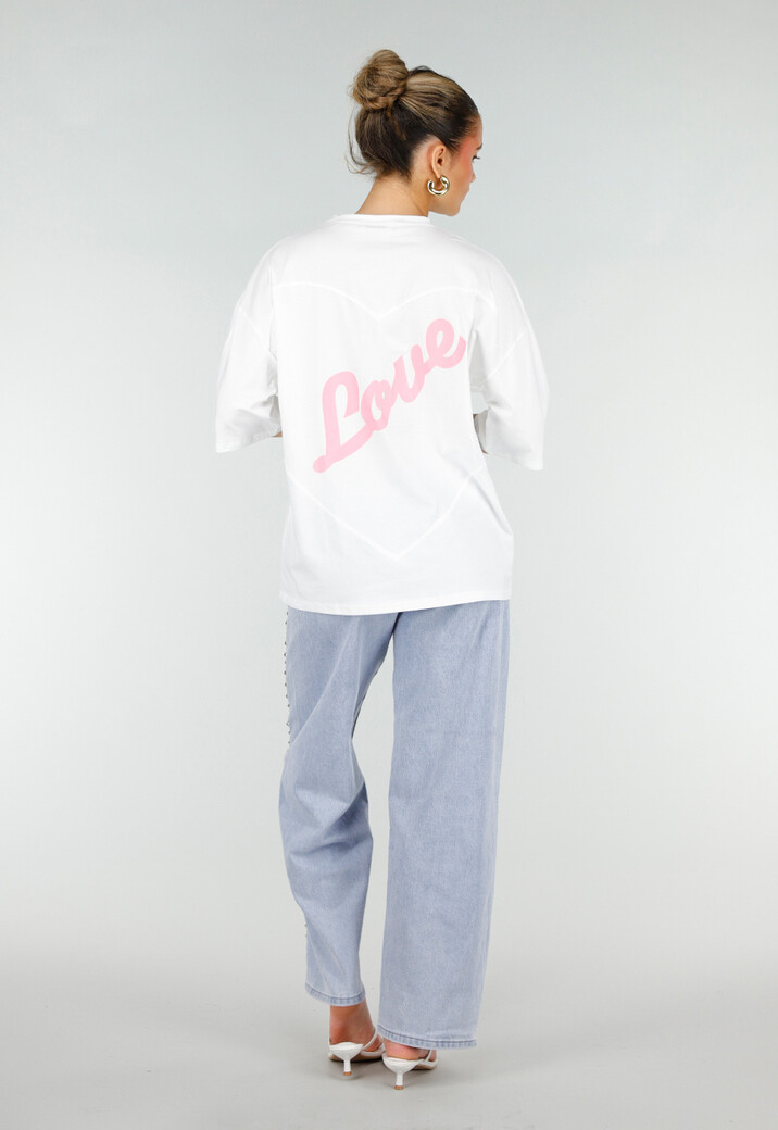 Wit Katoenen Oversized T-shirt met Roze Tekstprint op de Rug