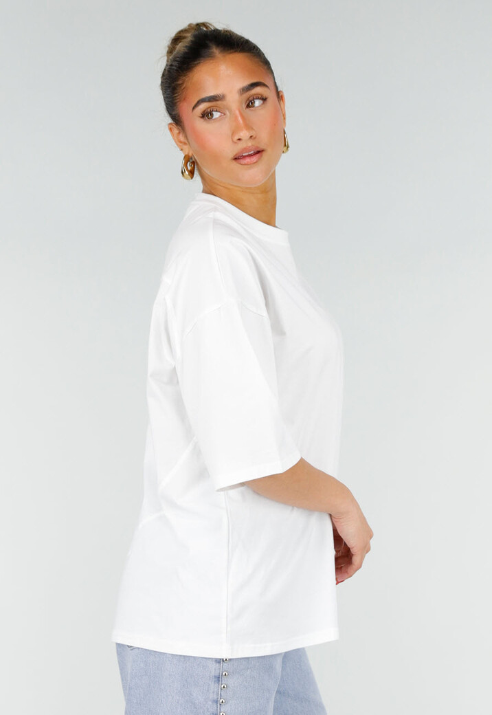 Wit Katoenen Oversized T-shirt met Roze Tekstprint op de Rug