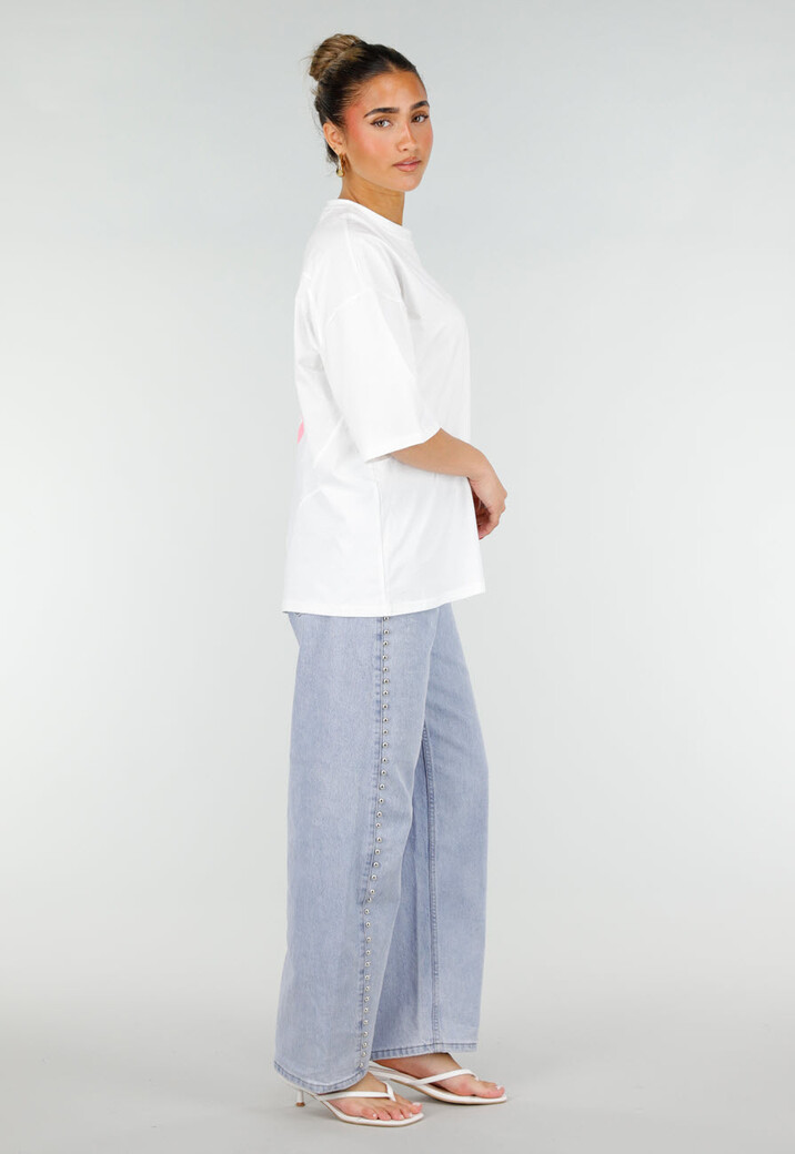 Wit Katoenen Oversized T-shirt met Roze Tekstprint op de Rug