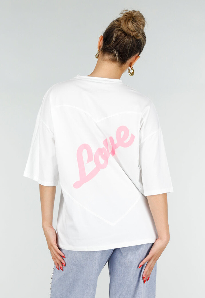 Wit Katoenen Oversized T-shirt met Roze Tekstprint op de Rug