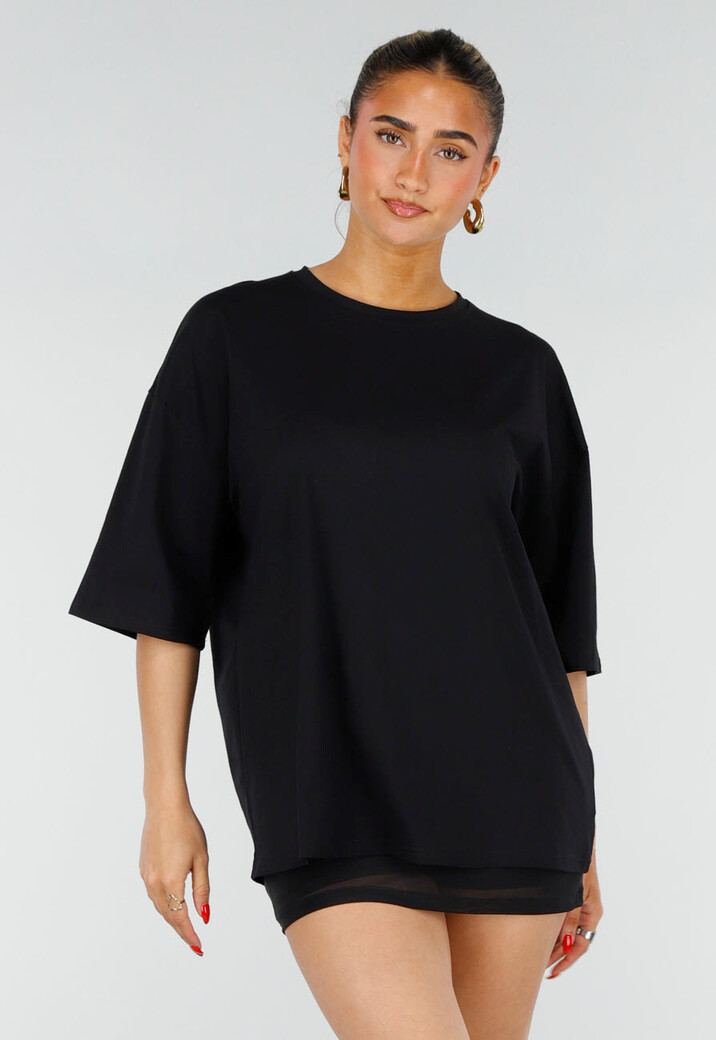 Zwart Oversized T-shirt met Korte Mouwen en Roze Backprint