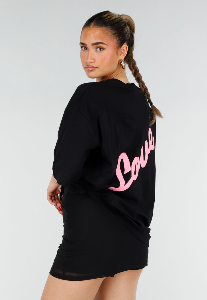 Zwart Oversized T-shirt met Korte Mouwen en Roze Backprint