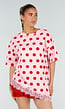 Roze Oversized T-Shirt met Rode Stippen en Kanten Zoom