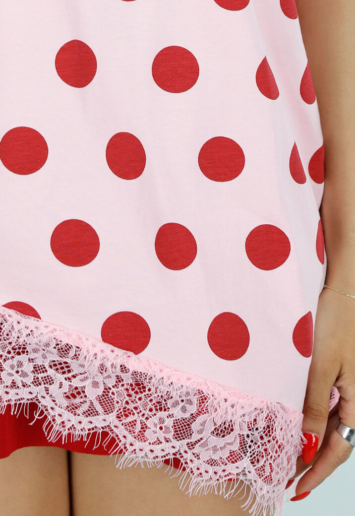 Roze Oversized T-Shirt met Rode Stippen en Kanten Zoom