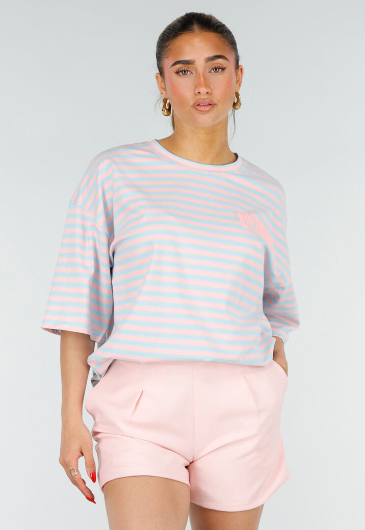 Lichtblauw Gestreept Oversized T-Shirt met Roze Strepen