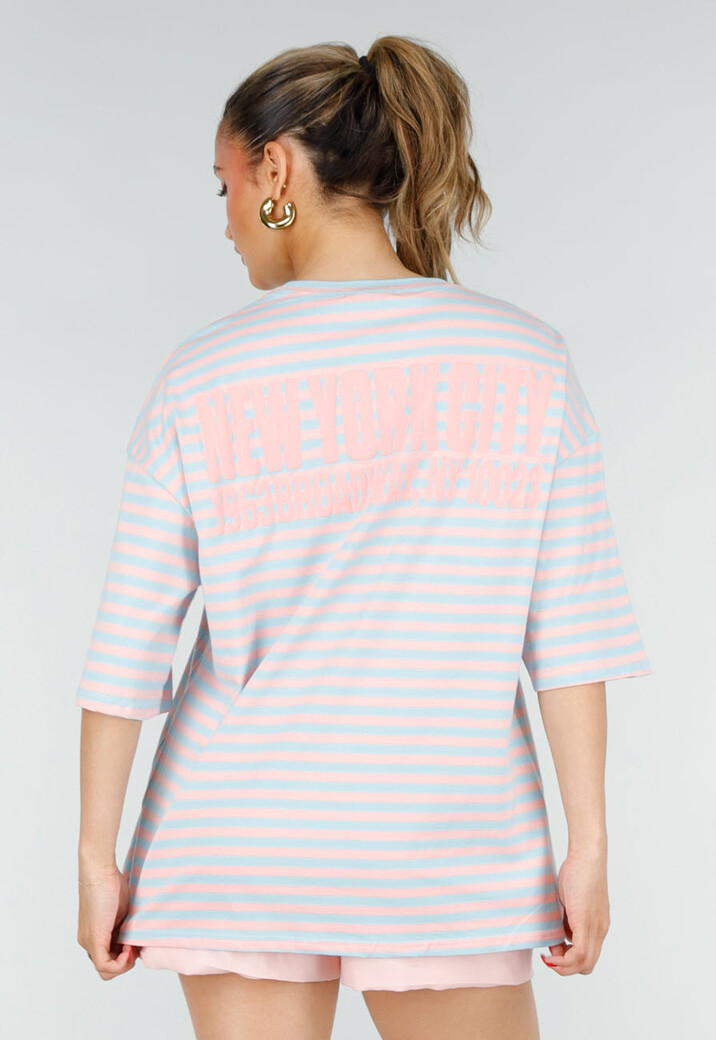 Lichtblauw Gestreept Oversized T-Shirt met Roze Strepen