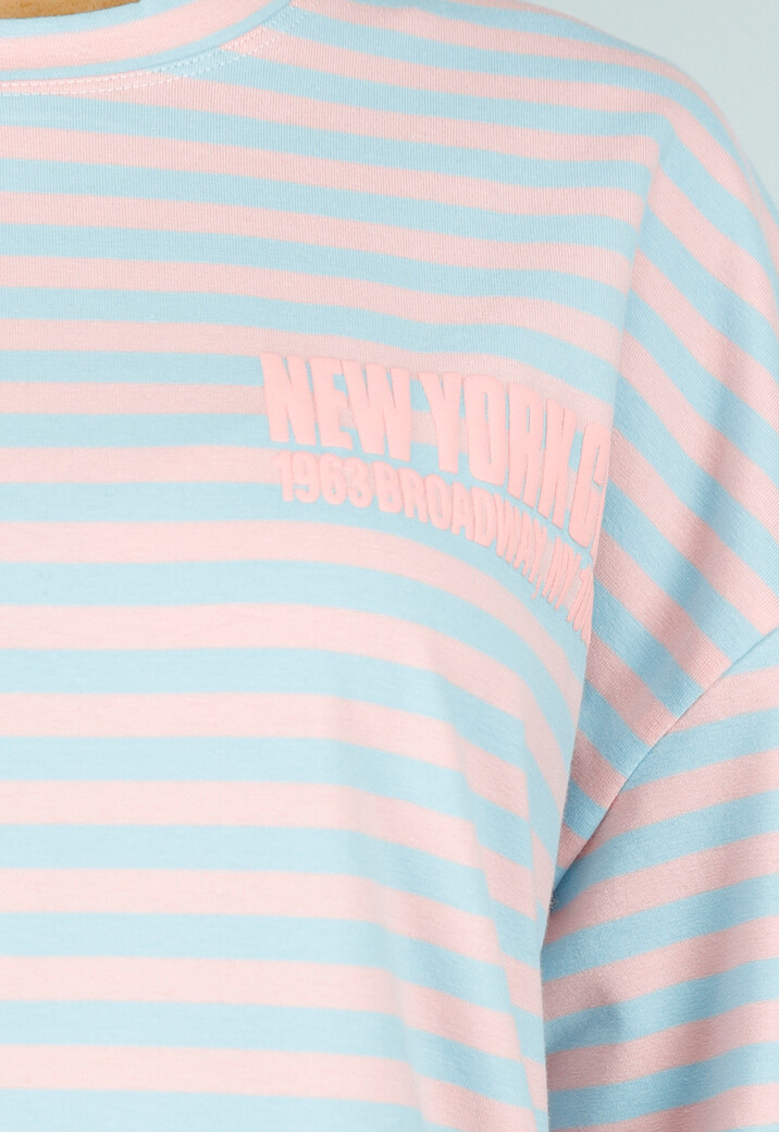 Lichtblauw Gestreept Oversized T-Shirt met Roze Strepen