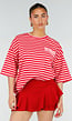 Roze Rode Gestreepte Oversized T-shirt met Tekstprint