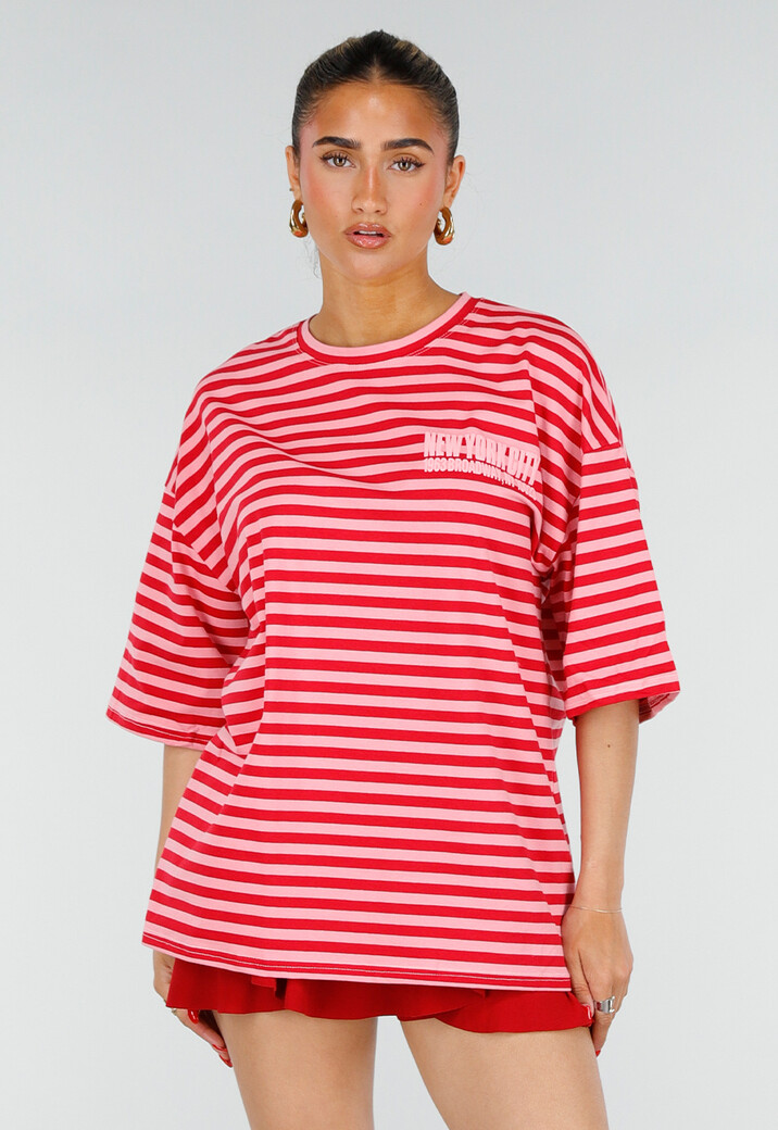 Roze Rode Gestreepte Oversized T-shirt met Tekstprint