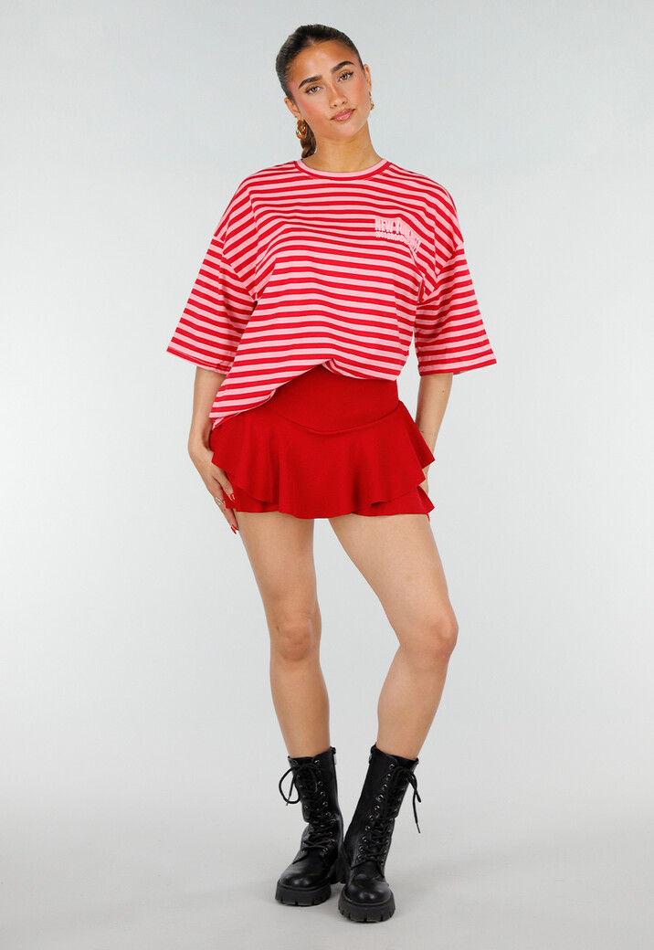 Roze Rode Gestreepte Oversized T-shirt met Tekstprint