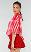 Roze Rode Gestreepte Oversized T-shirt met Tekstprint