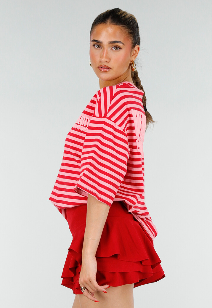 Roze Rode Gestreepte Oversized T-shirt met Tekstprint