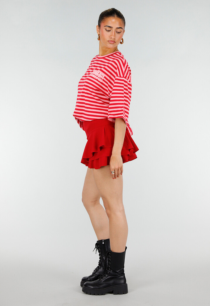 Roze Rode Gestreepte Oversized T-shirt met Tekstprint