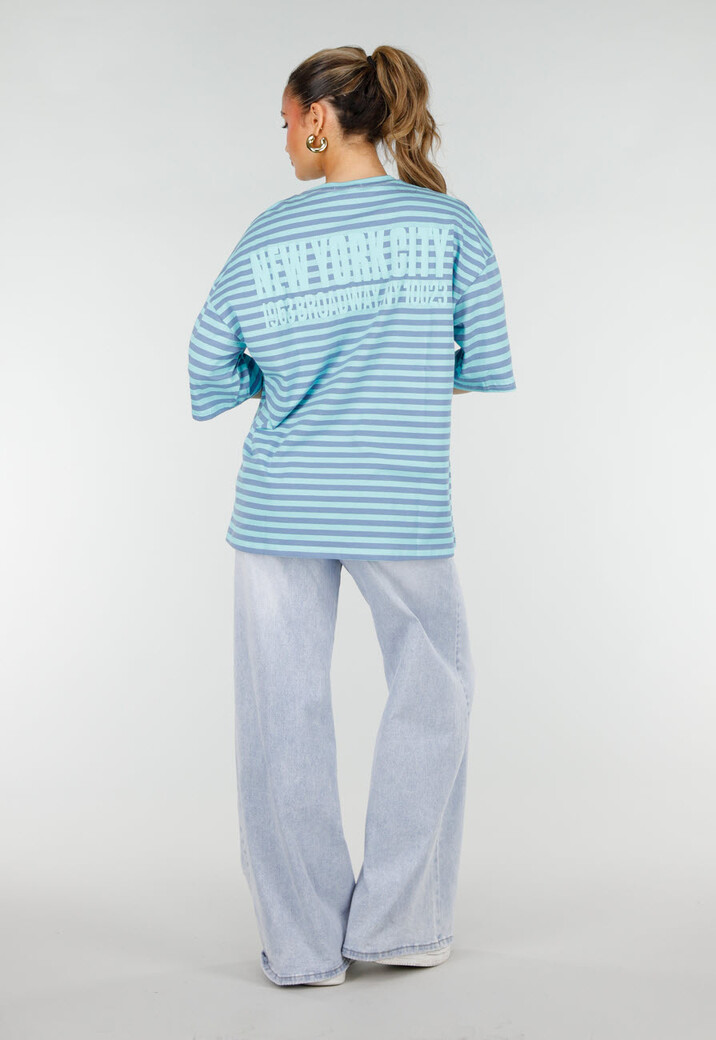 Blauw Gestreept Oversized T-Shirt met Korte Mouwen