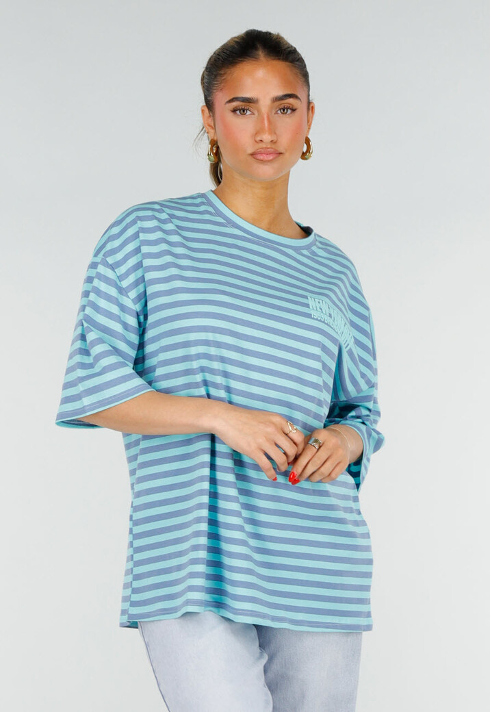 Blauw Gestreept Oversized T-Shirt met Korte Mouwen