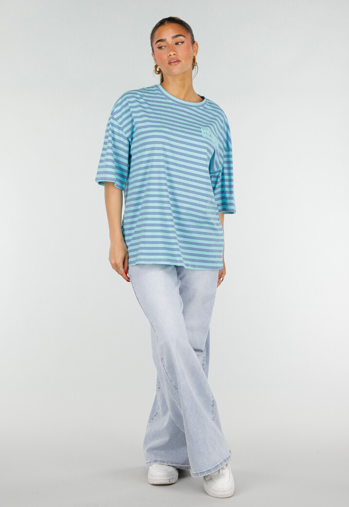Blauw Gestreept Oversized T-Shirt met Korte Mouwen