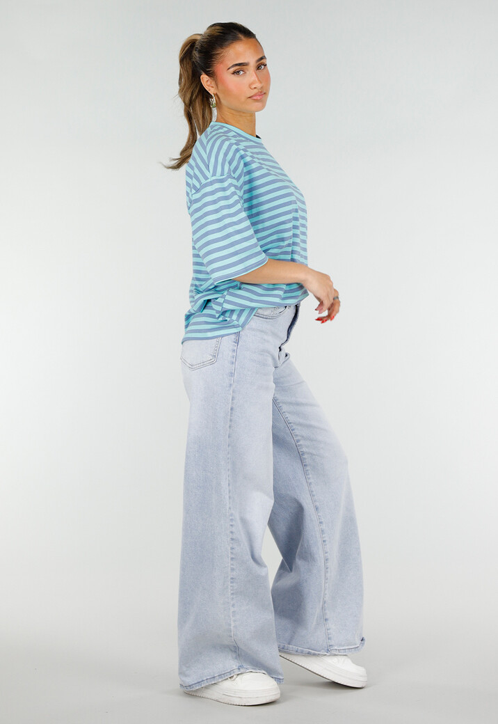 Blauw Gestreept Oversized T-Shirt met Korte Mouwen