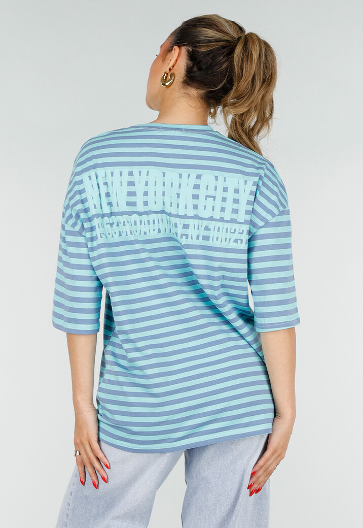 Blauw Gestreept Oversized T-Shirt met Korte Mouwen