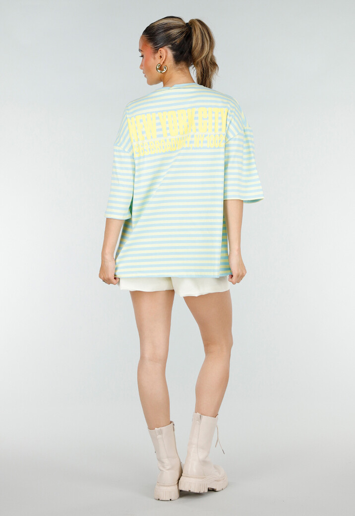 Lichtblauw Geel Gestreepte Oversized T-shirt met Tekstprint