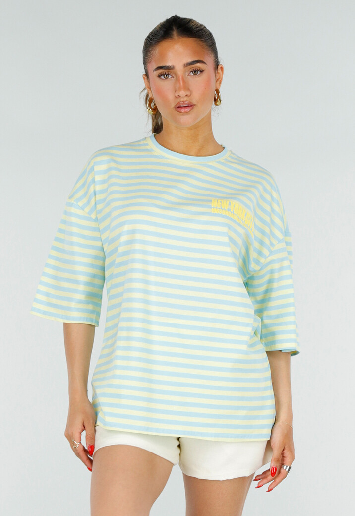 Lichtblauw Geel Gestreepte Oversized T-shirt met Tekstprint