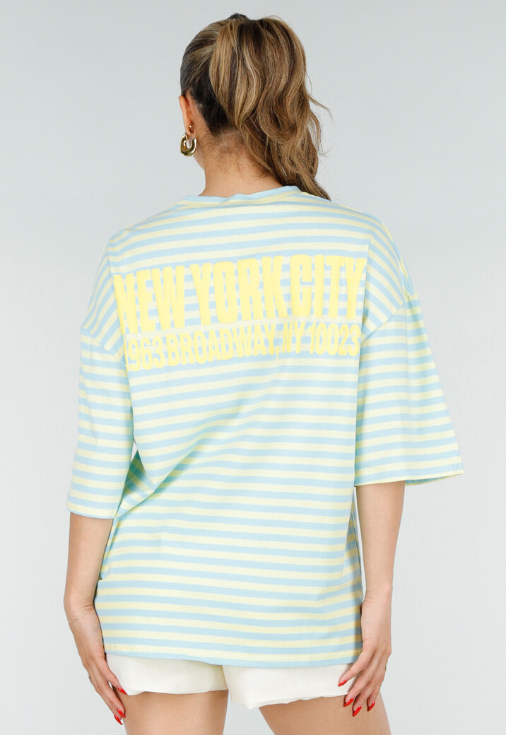 Lichtblauw Geel Gestreepte Oversized T-shirt met Tekstprint