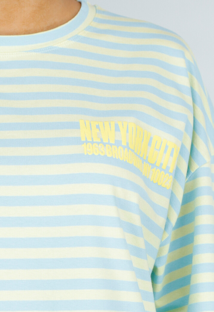 Lichtblauw Geel Gestreepte Oversized T-shirt met Tekstprint