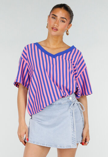 Blauw Roze Gestreepte Oversized T-shirt