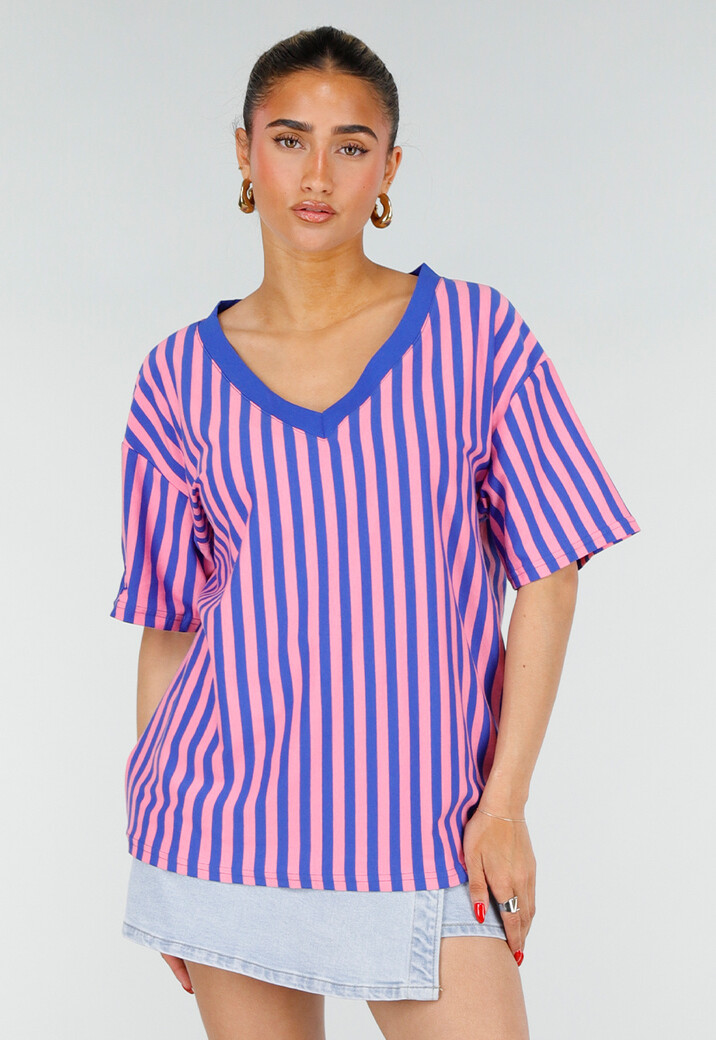 Blauw Roze Gestreepte Oversized T-shirt met V-hals