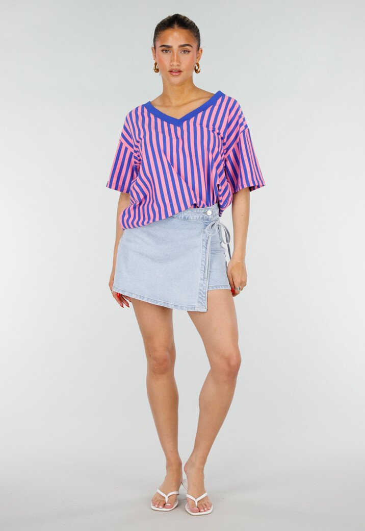 Blauw Roze Gestreepte Oversized T-shirt met V-hals