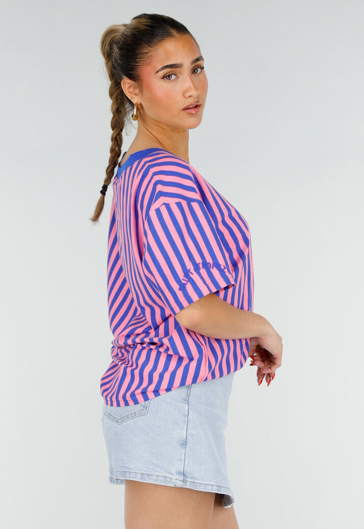 Blauw Roze Gestreepte Oversized T-shirt met V-hals