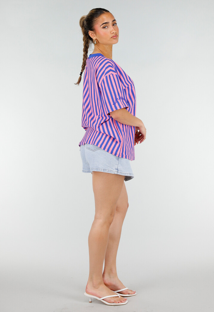 Blauw Roze Gestreepte Oversized T-shirt met V-hals