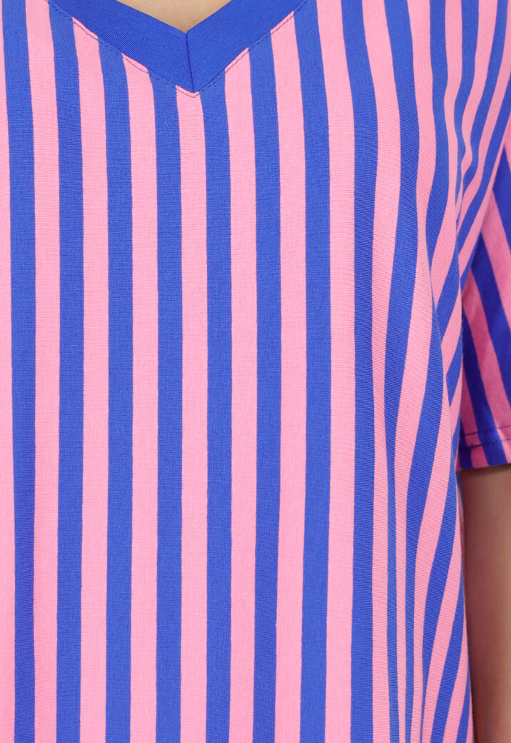 Blauw Roze Gestreepte Oversized T-shirt met V-hals