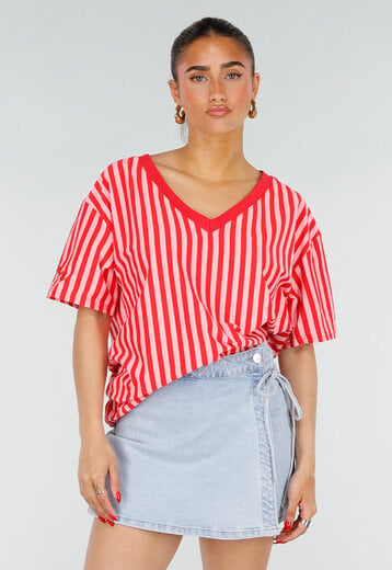 Roze Rode Gestreepte Oversized T-shirt