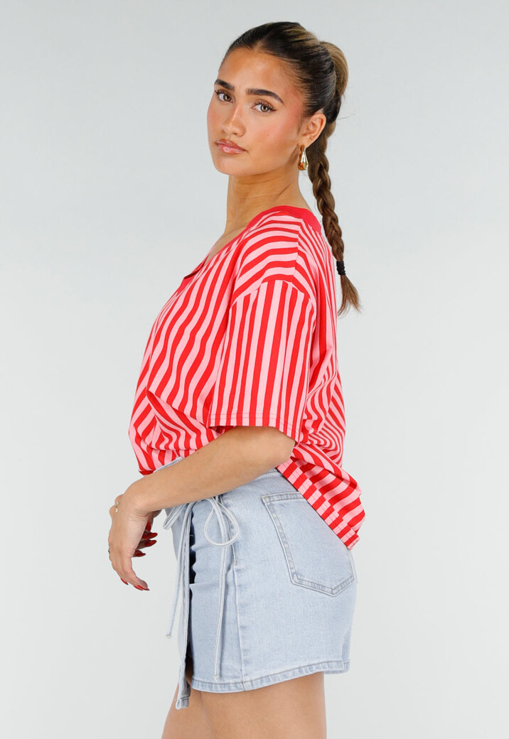 Roze Rode Gestreepte Oversized T-shirt met V-hals